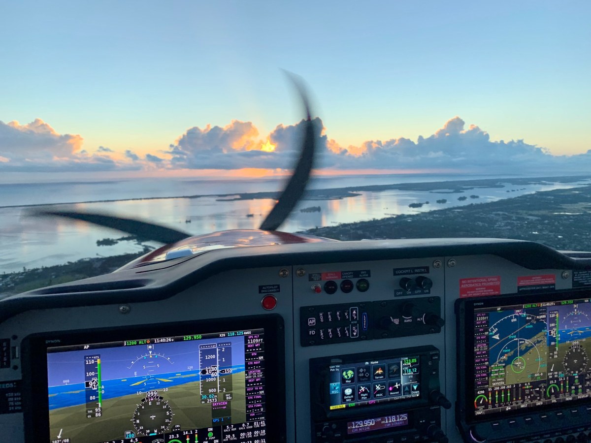 Cockpit view at sunrise over Sebastian Inlet, Florida